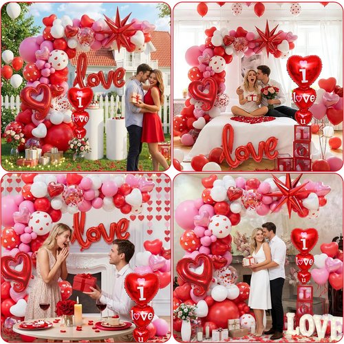 172pcs Valentines Balloon Arch Garland Kit with Pink White Red Confetti Heart shape Balloons I Love You Foil Balloons Explosion Star Balloons Rose Petals for Anniversary Wedding Romantic Decorations