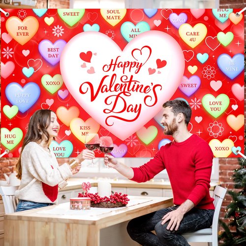 Mocsicka Valentines Backdrop Decorations Banner Red Conversation Heart Romantic Love Valentines Background Valentines Anniversary Party Decorations Photo Booth Props (Red, 6x3.6ft)