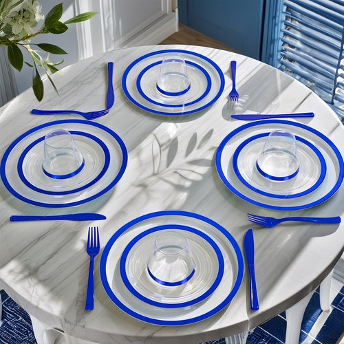 I00000 350 Pcs Dark Blue Plastic Plates,Clear Disposable Plates for 50 Guests,Blue Dinnerware Include 50 Dinner Plate 50 Dessert Plate,50 Cups,50 Pre Rolled Napkins with Cutlery Set for Party,Wedding
