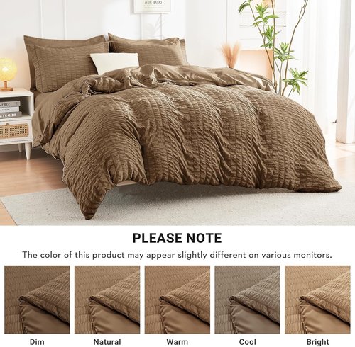 HYMOKEGE King Size Comforter Set - Luxury 7-Piece Seersucker Bedding Set for All Seasons | Brown