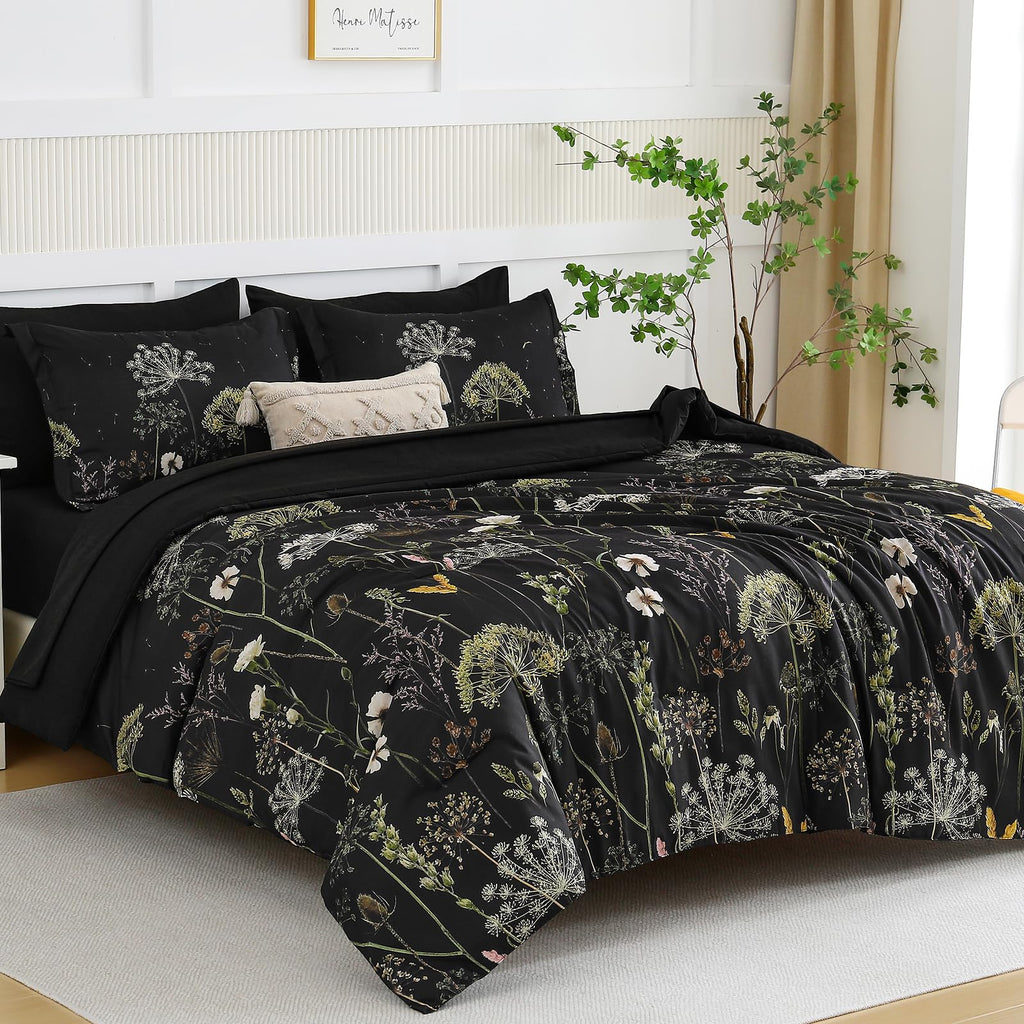 Yiran Queen Comforter Set, 7 Piece Black Dandelion Floral Comforter Bedding Set, Winter Bed in a Bag Queen, Soft Microfiber Complete Bedding Set with Sheets for All Season