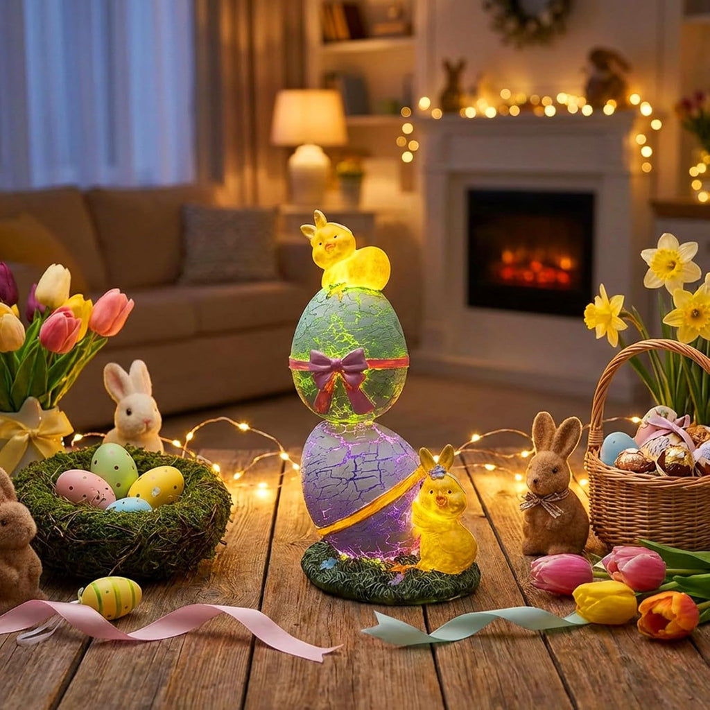 Skiennix Lighted Easter Eggs Figurines - Cute 6.5" H Purple & Green Resin Statues for Spring Decor