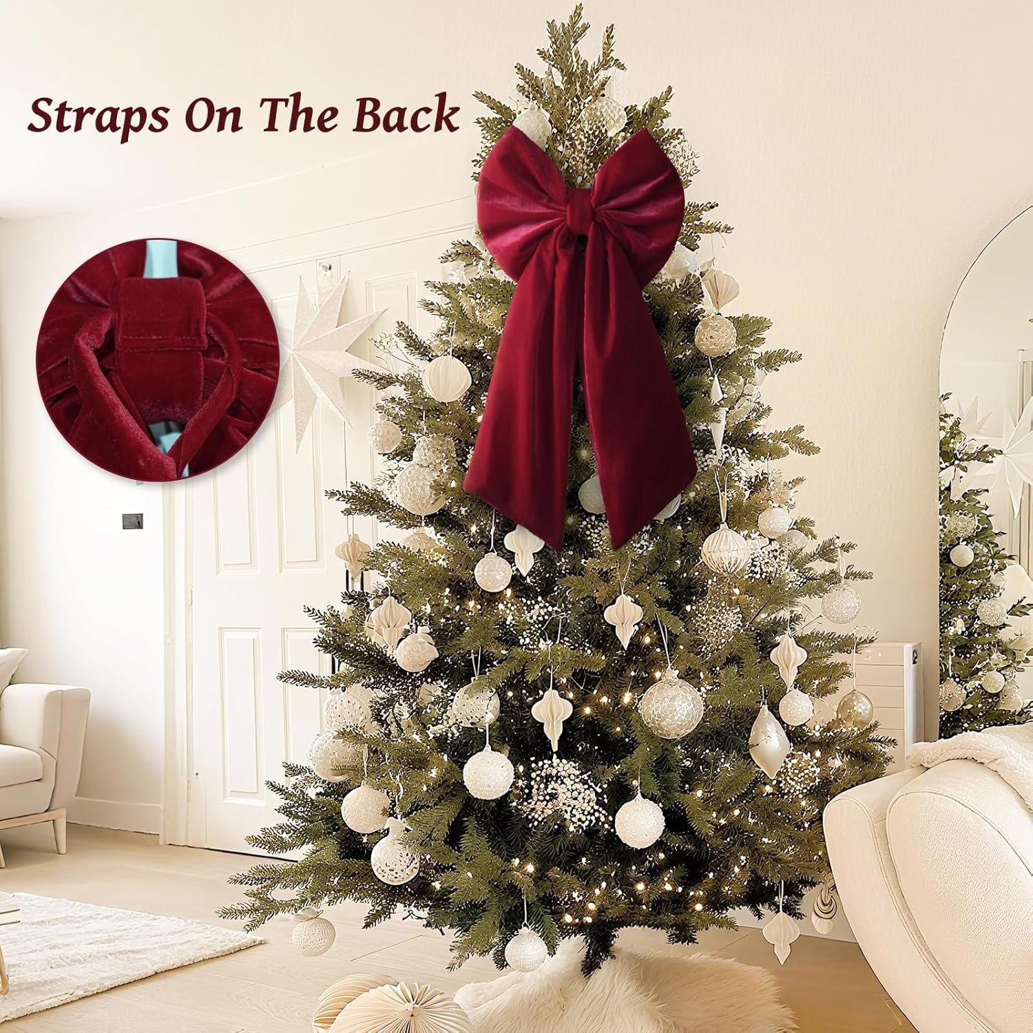 Skiennix Christmas Bows - Large 36x18 Inches Red Velvet Tree Topper - Burgundy Ribbon Decor for Indoor/Outdoor Use