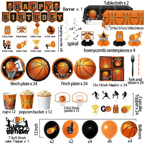Basketball Party Decorations, 214Pcs Basketball Birthday Party Decorations Includes Plates,Napkins,Cups,Tablecloth,Banner,Hanging Swirls,Honeycomb,Balloons,Cake Topper for Sports Birthday Decorations