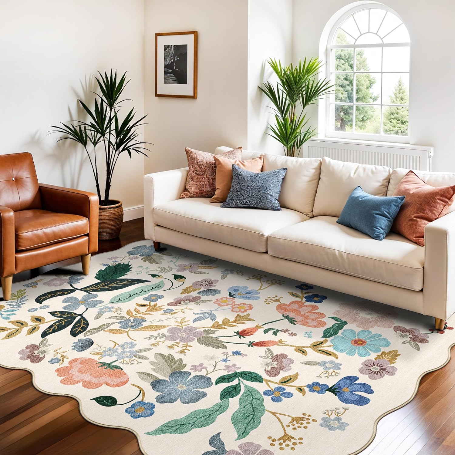 Skiennix 5x7 Living Room Area Rug - Washable Floral Non-Slip Design | Ultra Soft Carpet for Home & Office