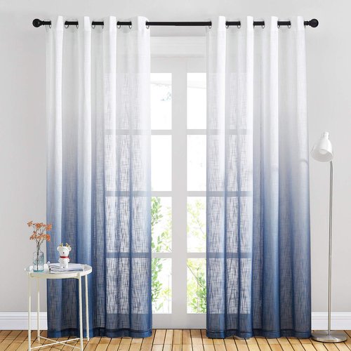 NICETOWN Linen Sheer Ombre Curtains for Living Room Bedroom, Grommet Gradient Semi Sheer Vertical Window Treatments Privacy with Light for Children Room, Navy Blue, W50 x L84, Set of 2