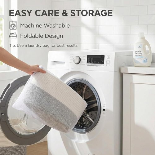 **JMvicyroam Extra Large Blanket Basket - Woven Cotton Rope Laundry Hamper with Reinforced Handles | White & Grey**