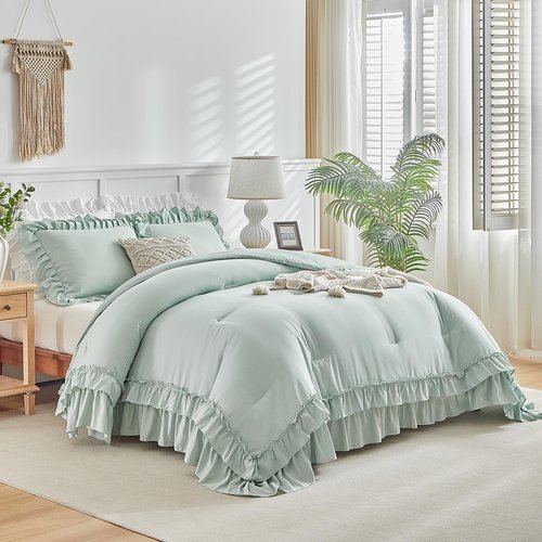 Flysheep Sage Green Ruffle Comforter Set Twin Size, 3 Pieces Vintage Farmhouse Shabby Chic Comforters, Solid Color Lightweight Soft Fluffy Bedding Sets for Kids (1 Ruffled Comforter + 2 Pillow Shams)