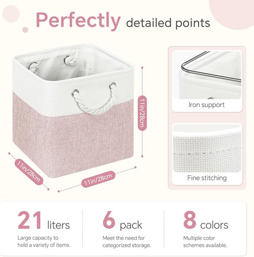 FinishingBo Cube Storage Bins - 6 Pack 11x11 Inch with Cotton Handles for Closet & Shelves | White/Pink