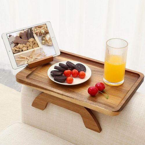 SINWANT Couch Arm Table, Acacia Wood Sofa Arm Rest Tables Couch Armrest Table with 360° Phone Holder,Portable Sofa Armrest Tray for Drink Snacks