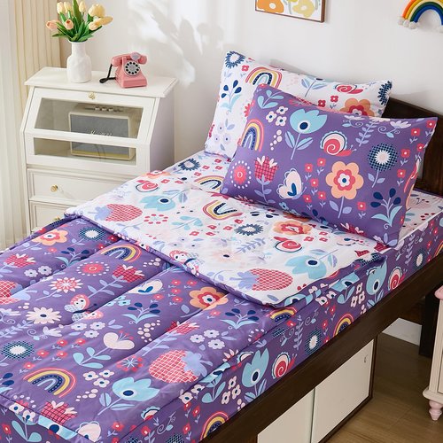 DJY Zipper Bedding Set Twin, Purple Floral Bedding Sets for Girls, Kids Comforter Set with Fitted Sheet Pillowcases, All in One Zipper Bed Set for All Seasons