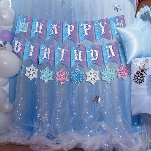 Fanfanwin Snowflake Birthday Banner Set - 5 Pcs Blue Snowflake Design with Felt Castle Decor | Winter Holiday Party