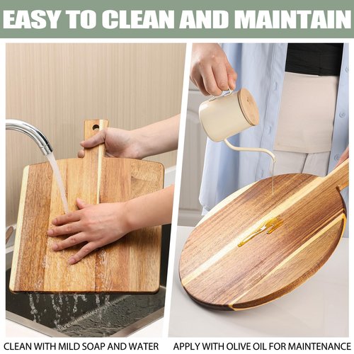 2 Pack Acacia Wood Cutting Board with Stand, Charcuterie Boards for Kitchen, Round & Rectangular Wooden Cutting Board Set for Cheese, Meat, Pizza, Vegetables, Bread(16 x 12 Inch)