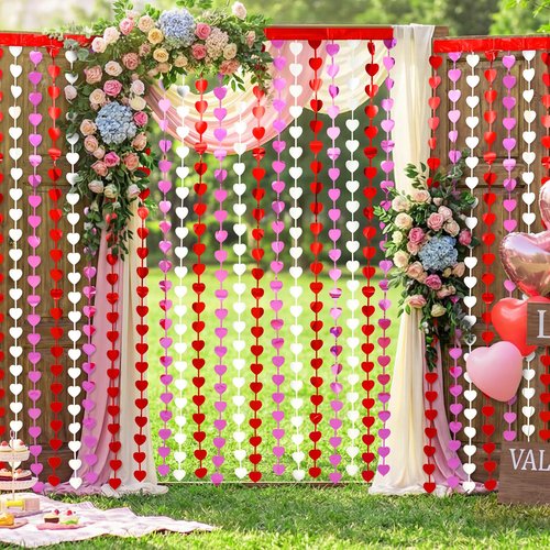 LOLStar Valentines Decorations, 2 Pack Valentines Party Decoration,3.3x6.6ft Red, Pink, White Heart Shape Tinsel Foil Fringe Curtains Photo Backdrop,Streamer Backdrop for Birthday,Engagement,Wedding