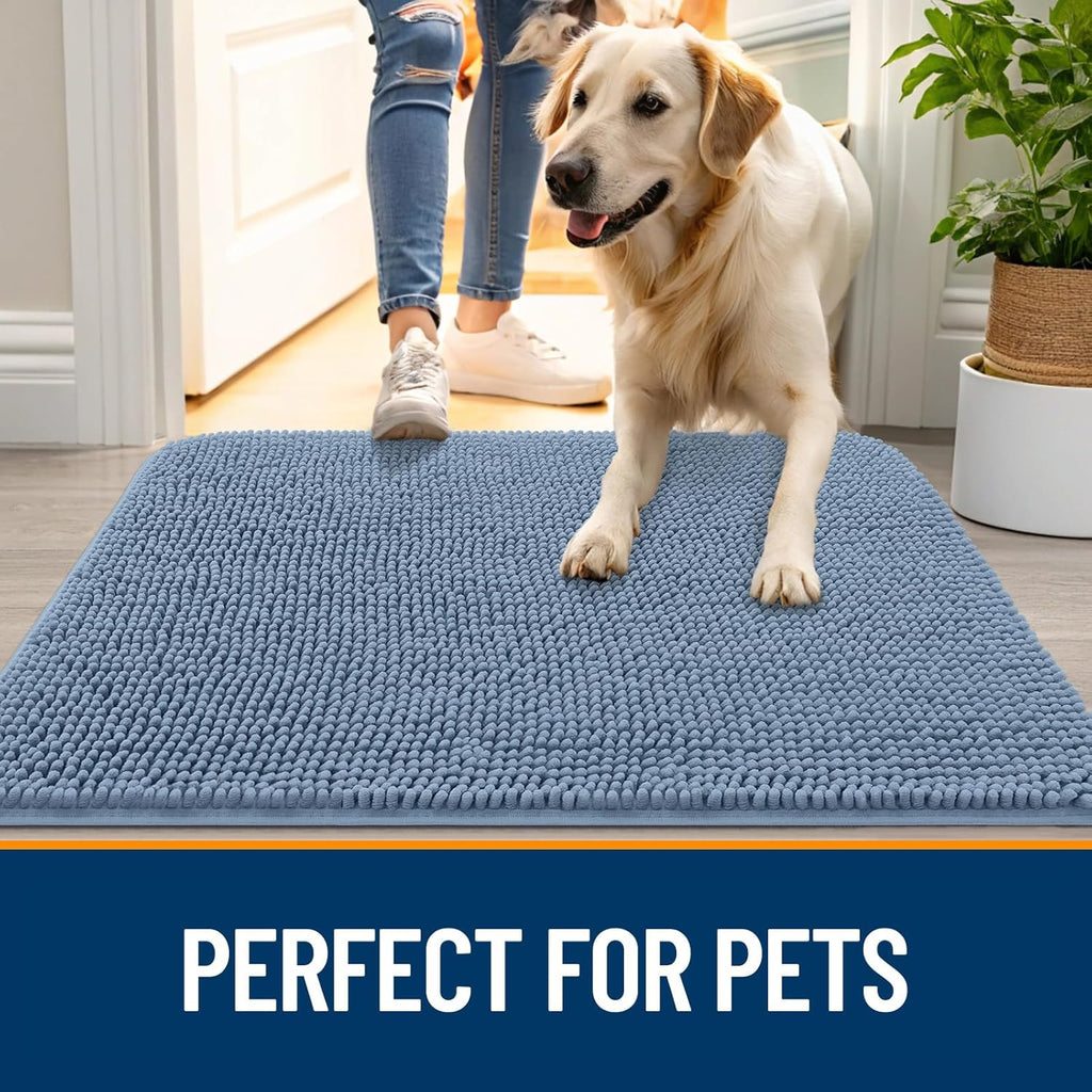 OLANLY Dog Door Mat - Absorbent Non-Slip Mud Mat for Indoor Use | Quick Dry Chenille, 47x24, Airy Blue