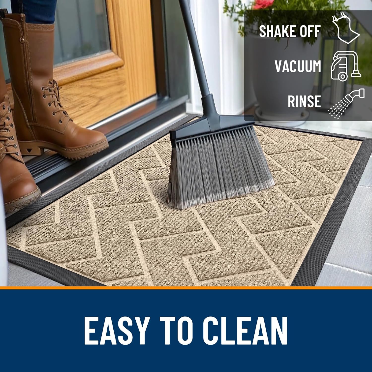 OLANLY Waterproof Front Door Mat - All-Season Indoor/Outdoor Doormat | Sturdy Natural Rubber, Low Profile, Herringbone Brick (Beige, 59x35)