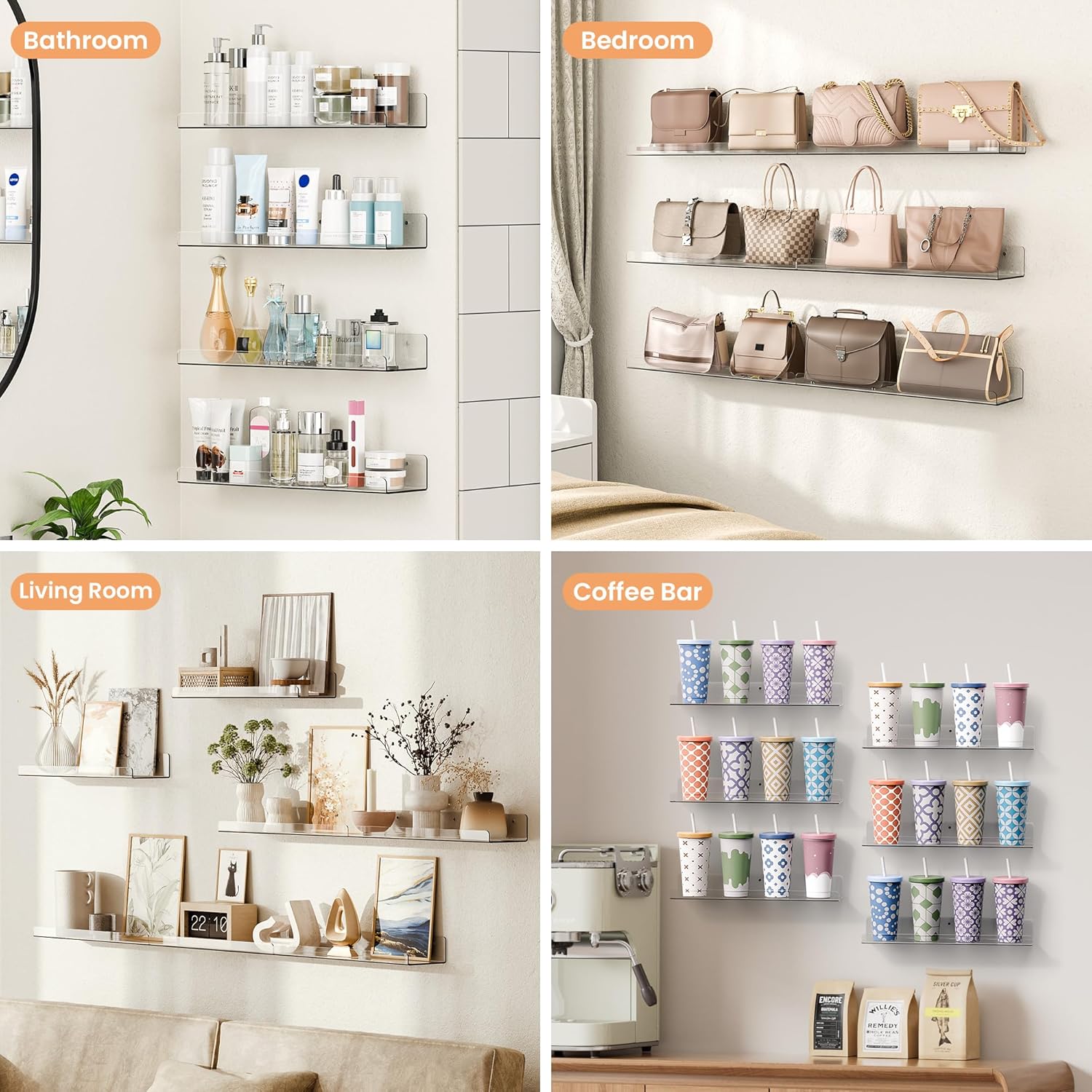 Upsimples 6 Pack Acrylic Floating Shelves - 15" x 4" Wall Storage for Kids' Rooms, Clear Display Organizers