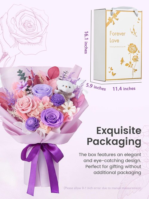 Polylove Preserved Flowers for Delivery Prime Forever Flowers Bouquet with Bear Flower Gift for Wife Women Birthday