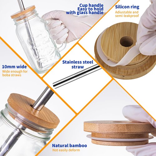 QWEZXO 24 OZ Mason Jar Drinking Glasses with Bamboo Lids and Stainless Steel Straws for Party Beverages,Iced Coffee 2Pack