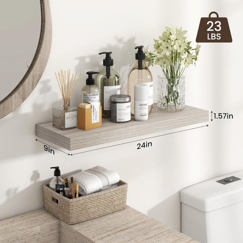 Heimlove 24-Inch Floating Shelves - Rustic Grey Wall-Mounted Storage for Bathroom, Bedroom & Office | Set of 2