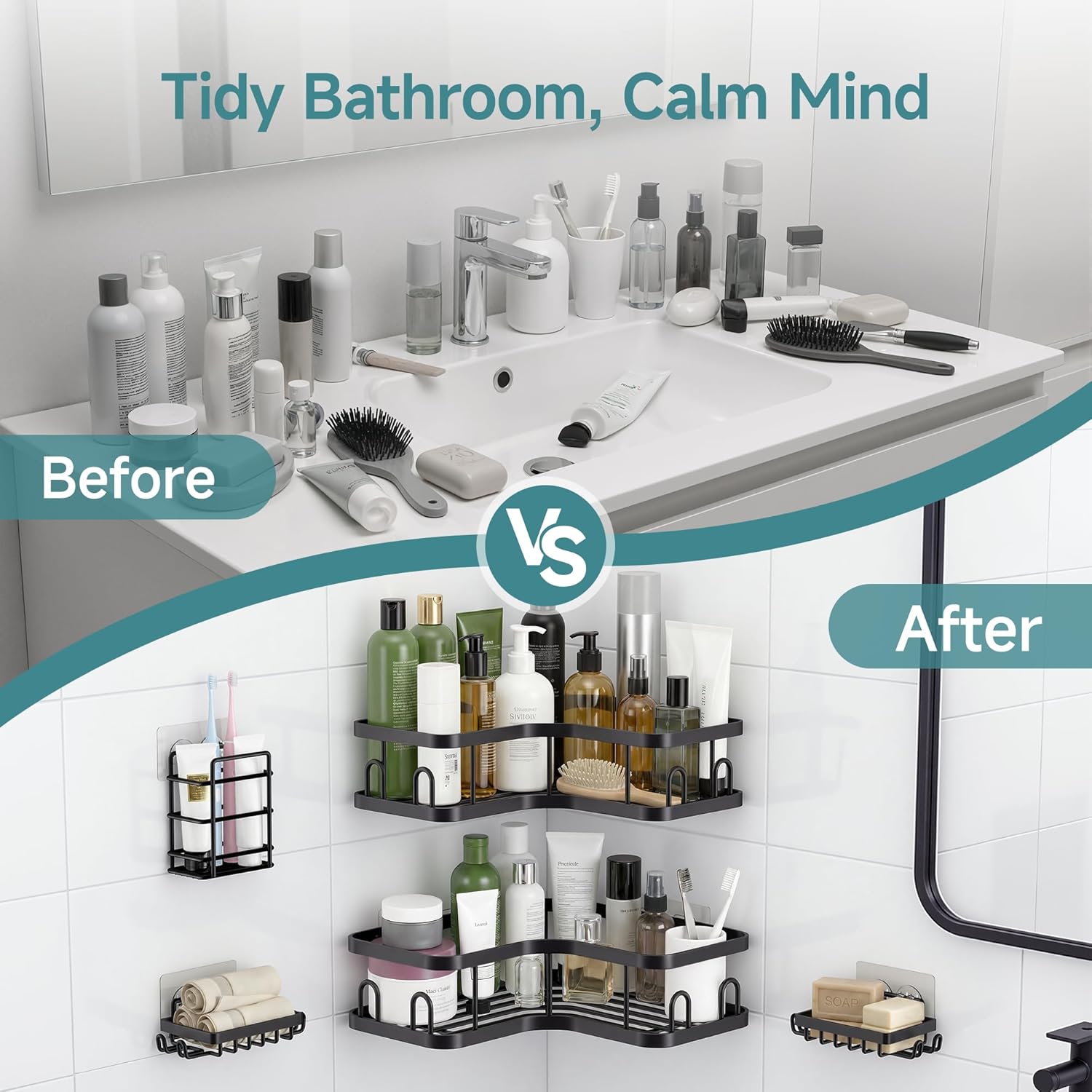 Veken Corner Shower Caddy - Rustproof Design with No Drilling Adhesive Shelves | Large Capacity Bathroom Organizer in Black