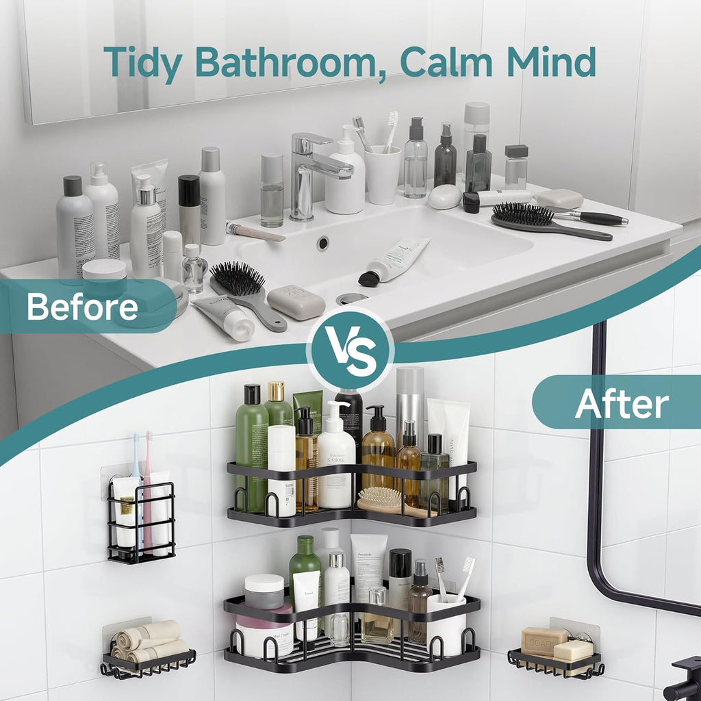 Veken Corner Shower Caddy - Rustproof Adhesive Shelves with Soap Holder | 5-Pack Large Capacity Organizers in Black