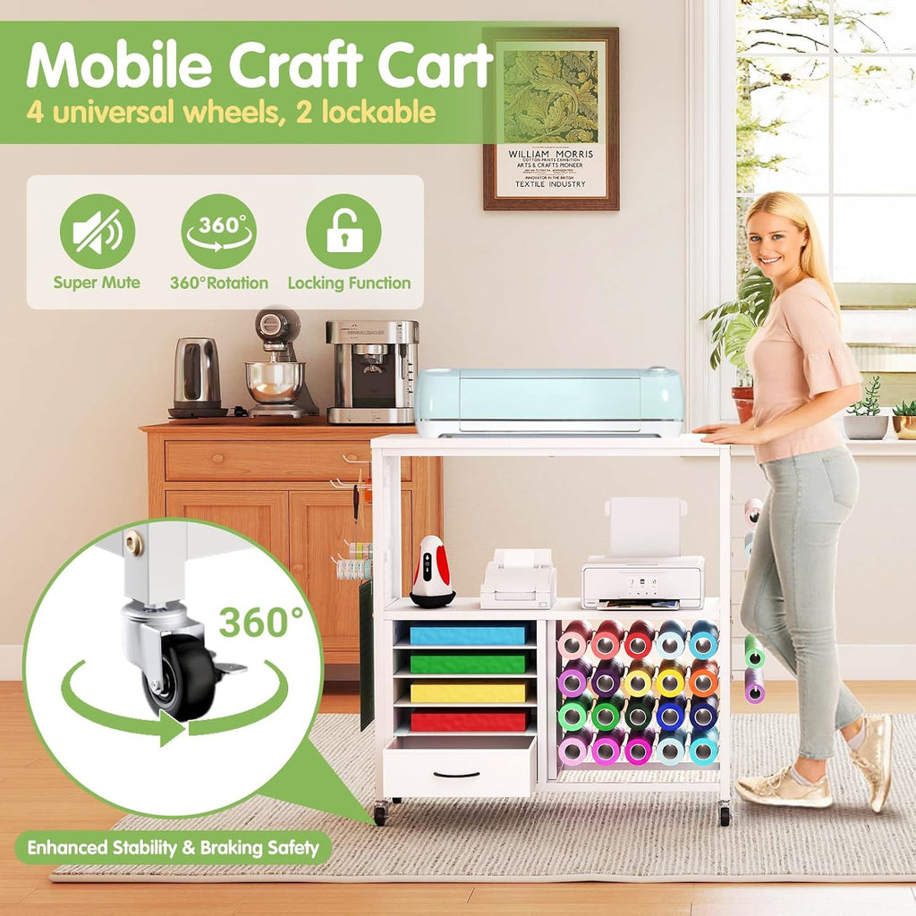 Skiennix Craft Storage Cart - Mobile Organizer with Vinyl Roll Holder & Drawers | Ideal for Studios & Offices