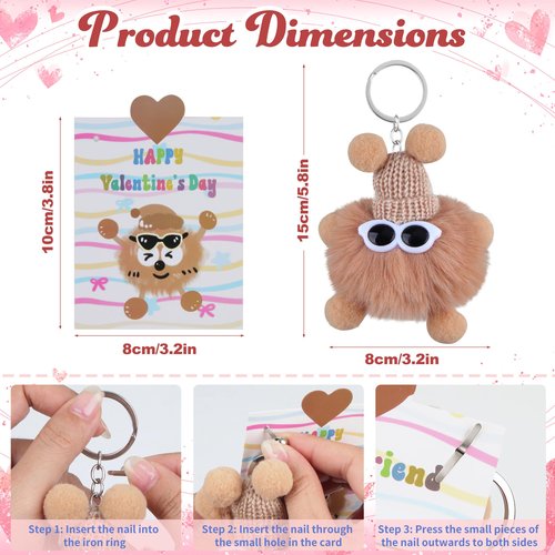 Fopxuni Valentines Day Cards and Gifts for Kids School 24 Pack Cartoon Plush Keychain Set Classroom Exchange for Students with Stuffed Toys