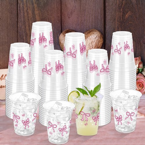 ZCPTZ 100 Pcs Pink Bow Plastic Cups, 12 oz Cute Bow Drinking Cups Pink Bow Clear Disposable Plastic Cups for Bridal Shower Wedding Birthday Party Supplies