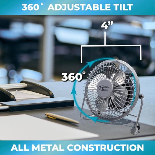 Comfort Zone Mini Desk Fan - High Velocity 4-Inch All-Metal USB Fan with 360° Tilt & Quiet Operation | Perfect for Home, Office & Travel