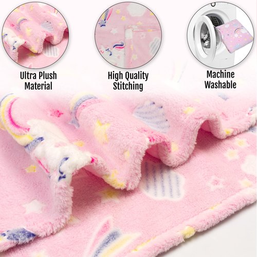 Glow in The Dark Blanket, Kid's Throw, Soft Unicorn Throw, Rainbows, Fun Present for Girls, Pink Blanket, Gift for Girls, Birthdays, Fleece, Travlel, 50"x60"