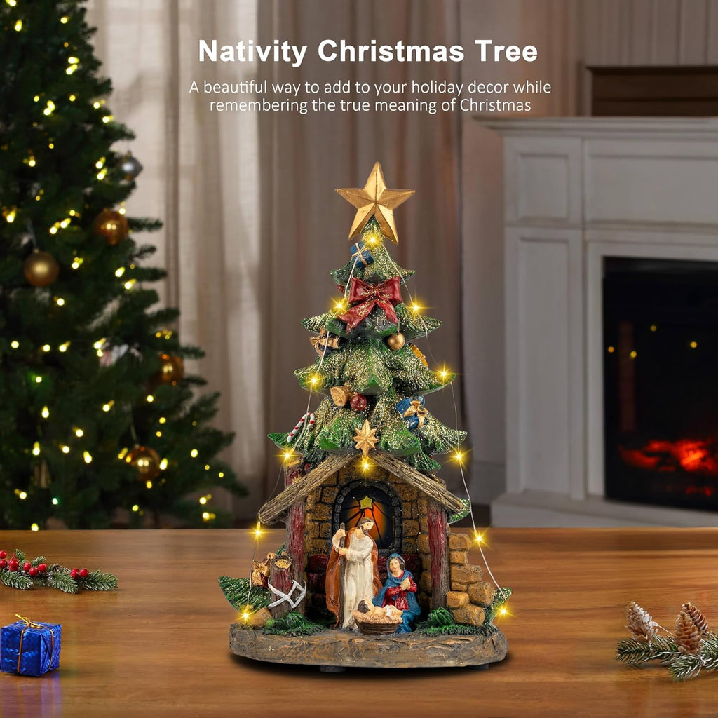 VISFLAIR 12'' Lighted Nativity Scene - Musical Holy Family Figurines with LED Lights for Holiday Decor