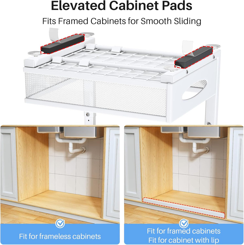 Under Sink Organizer | 2-Pack 2-Tier Pull-Out Shelf with Metal Slides & Mesh Drawers - White