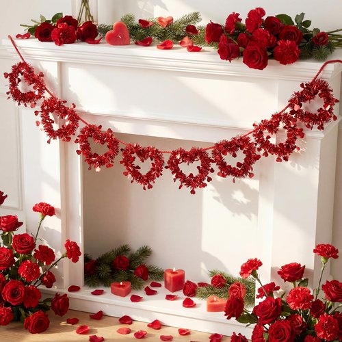 Lyrow 12 Pcs Red Valentine Heart Tree Ornaments Valentine Heart Wreaths Tinsel Hanging Love Decorations Romantic Tree Ornaments for Wedding Window Home Wall
