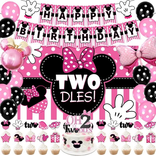 Oh Twodles Birthday Party Supplies Girl, 2nd Birthday Decorations for Girl, 38 Pcs 2 Year Old Bday Decorations, 2nd Pink Bday Decorations