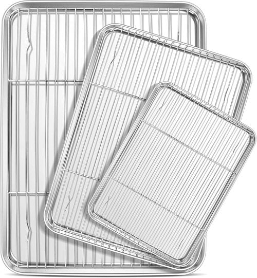 E-far Baking Sheet Set - Stainless Steel Cookie Pans with Cooling Racks | 16/12.5/9.3 Inch, Non-Toxic & Easy Clean