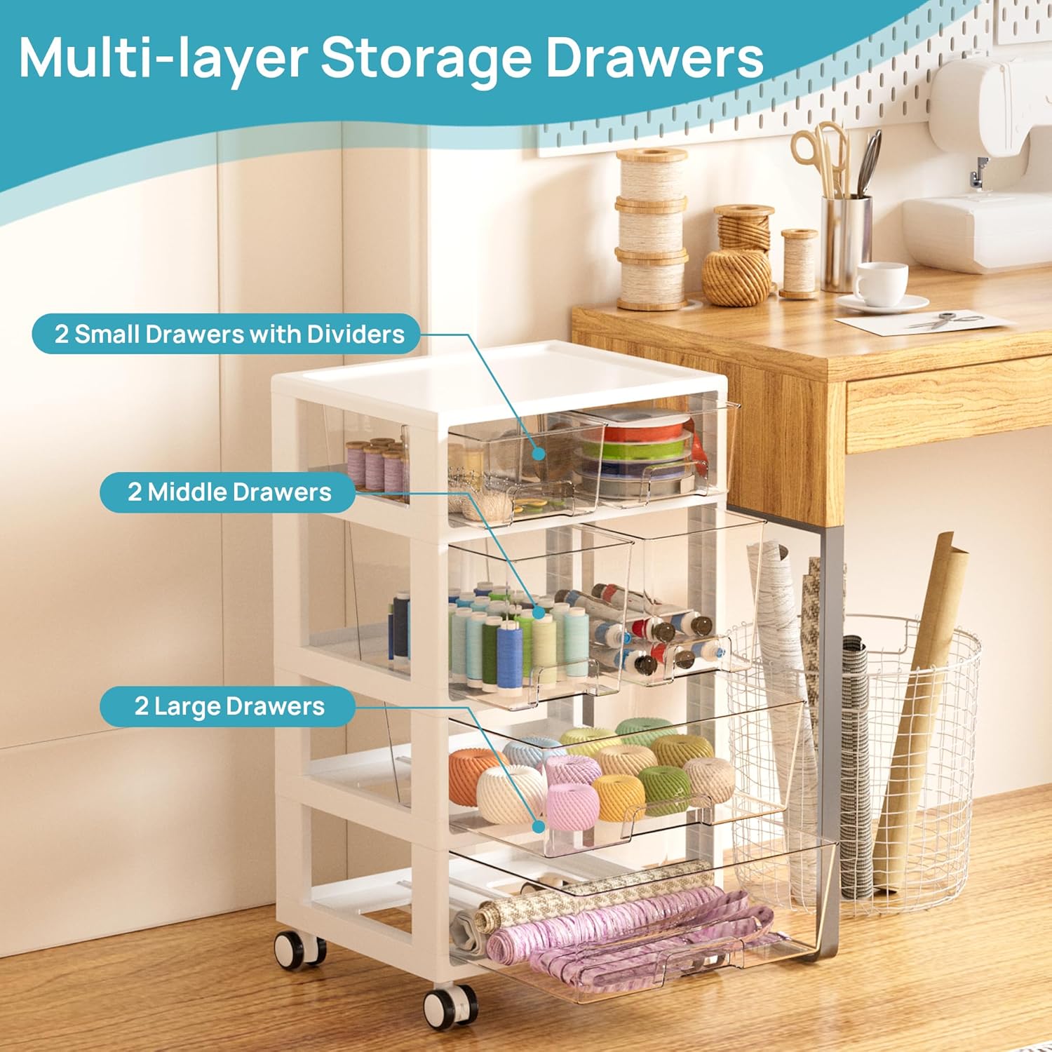 Vtopmart Plastic Drawer Organizer - 4-Tier, 6 Drawers with Wheels for Office & Craft Storage | Clear