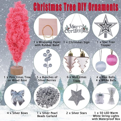 Juegoal 24-Inch Pink Mini Christmas Tree - Lighted Tabletop Artificial Pine with 50 LED Lights & Timer