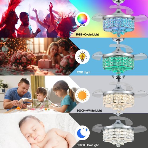 Zynfandor 30" RGB Crystal Retractable Ceiling Fan with Light Dimmable LED Chandelier, Remote & App Control, 6-Speed Timer, Memory Function for Bedroom Living Room,Silver