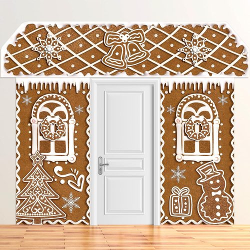 HunnmingRe Christmas Gingerbread House Decorations - 3 Pcs Door Covers & Backdrop for Holiday Photography | Snowflakes Style