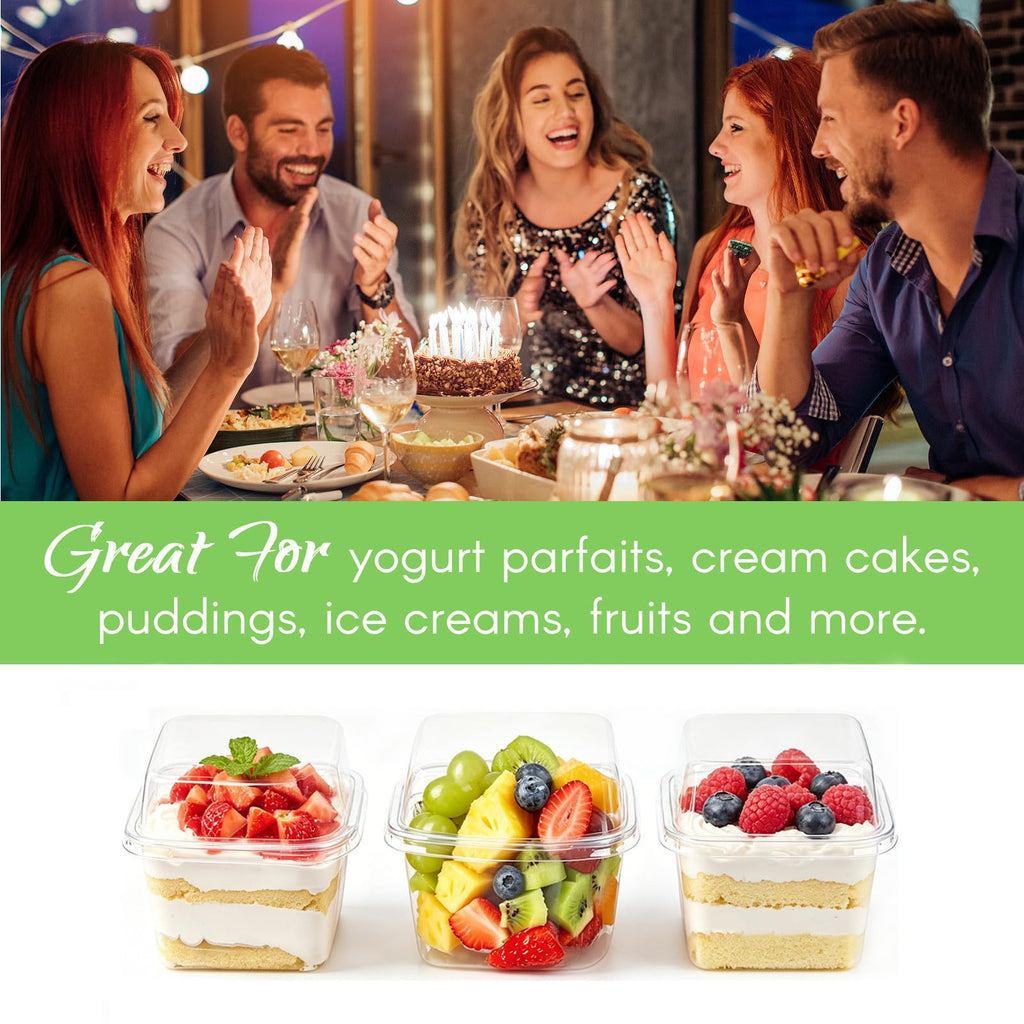 Zezzxu 100 x 8 oz Dessert Cups with Lids and Spoons, Square Plastic Dessert To-Go Containers with Dome Lids & Sporks for Yogurt Parfait, Fruit, Pudding, Cake, Mousse, Tiramisu