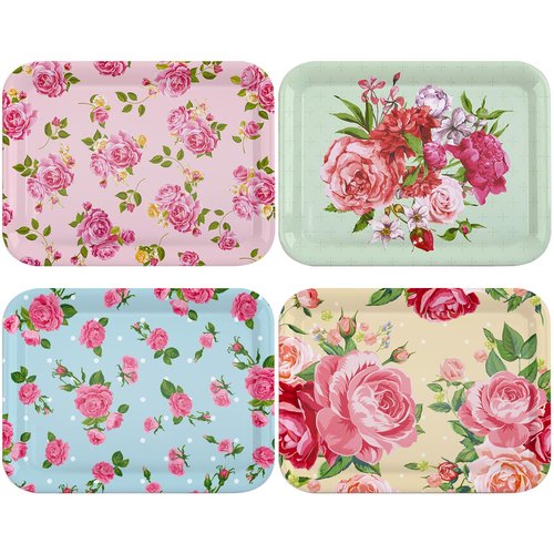 Tiangrid 4 Pcs Melamine Serving Trays Platters Snack Trays Reusable Rectangle Platters for Sports Game Day Flower Tea Party Food Dessert Cookies Serving Plates Supplies, 13 x 9.7 Inch(Flower)