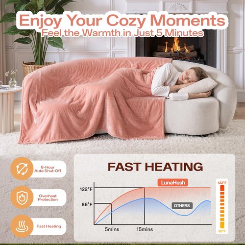 LunaHush Full Size Electric Blanket Heated, Double-Sided Flannel＆Sherpa Heated Blanket with 8 Heat Levels & 10 Hours Auto Off, Fast Heating Blankets Machine Washable with ETL & FCC Certified, Pink