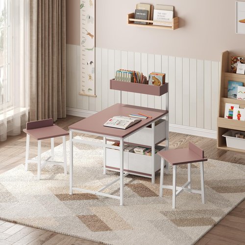 MAHANCRIS Kids Desk and Chair Set for 2, Toddler Table and Chair Set for 3-8 Years Old, Wooden Kids Study Desk for Writing & Drawing, Toddler Activity Table for Playroom, White and Pink KDBP12101