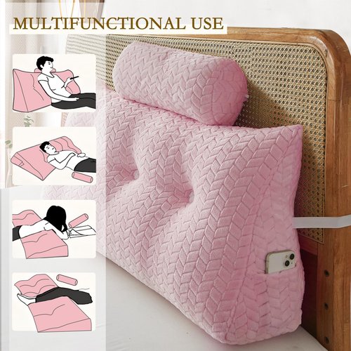 YOUR MOON Wedge Headboard Pillow Twin with 1 Pack Neck Roll Pillow, Triangular Wedge Backrest Pillows Headboard for Bed,Daybed,and Lounging, Large Bed Bolster Pillows,Pink