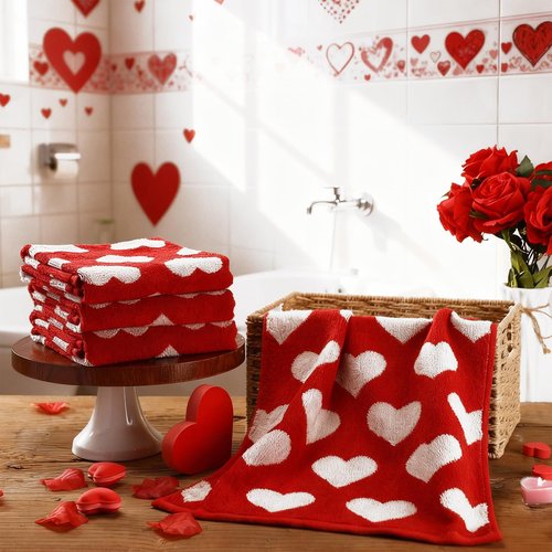 Frienda 4 Pcs Valentine's Day Hand Towels for Bathroom 13 x 29'' Soft 100% Cotton Red and White Hearts Decorative Towel Absorbent Valentine's Day Bathroom Decor for Drying Cleaning Cooking Gift