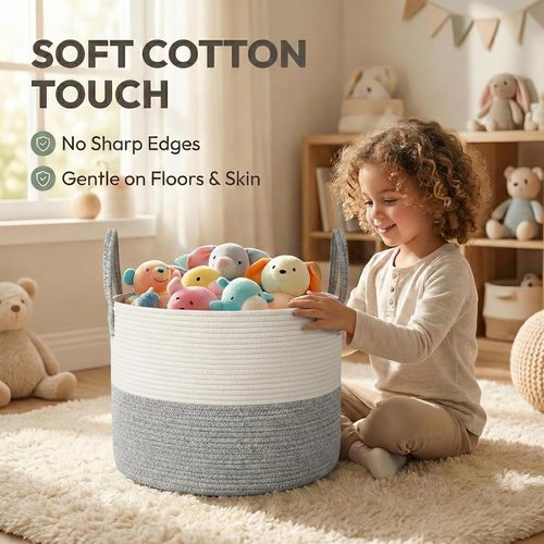 **JMvicyroam Extra Large Blanket Basket - Woven Cotton Rope Laundry Hamper with Reinforced Handles | White & Grey**