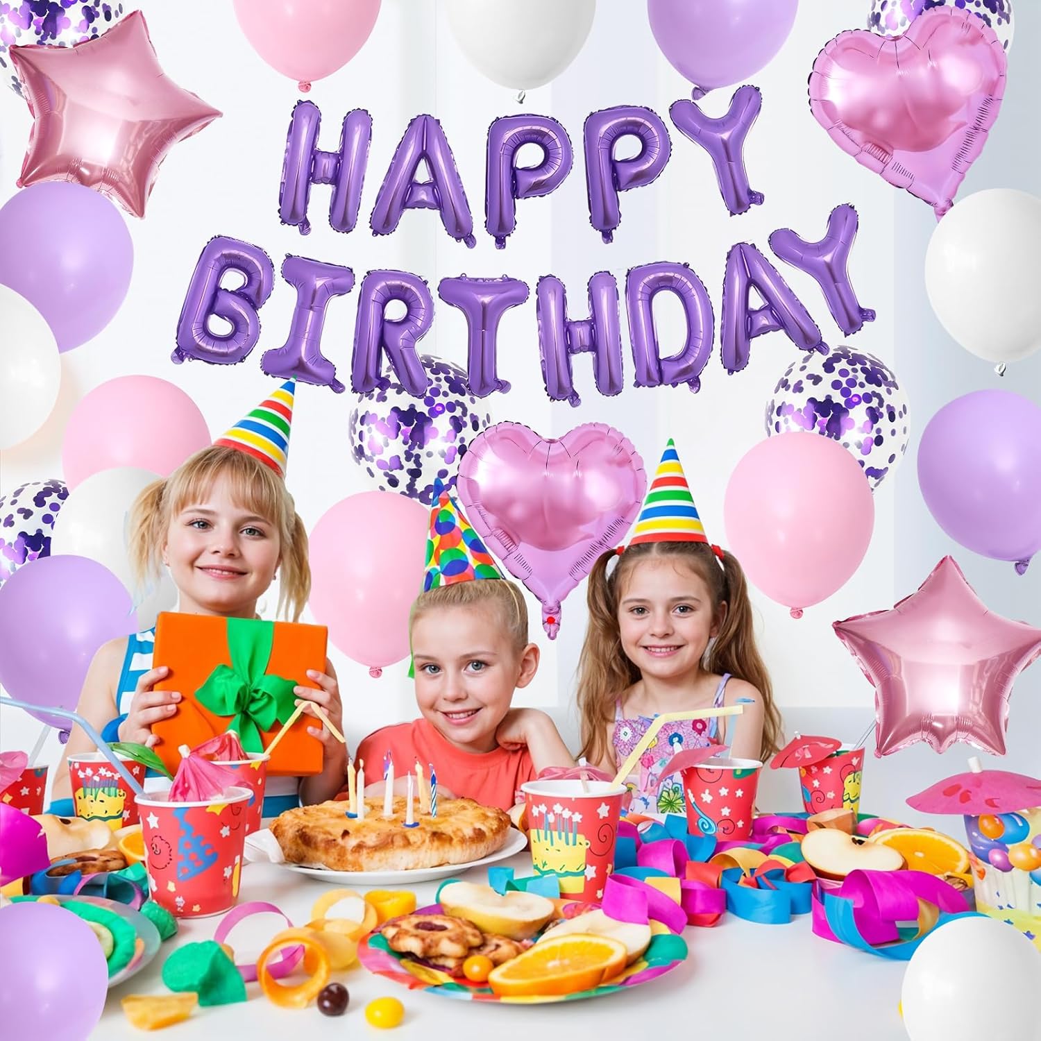Regine Switzerland Pink Purple Birthday Decorations - Happy Birthday Balloon Banner & Confetti Balloons for Girls & Kids