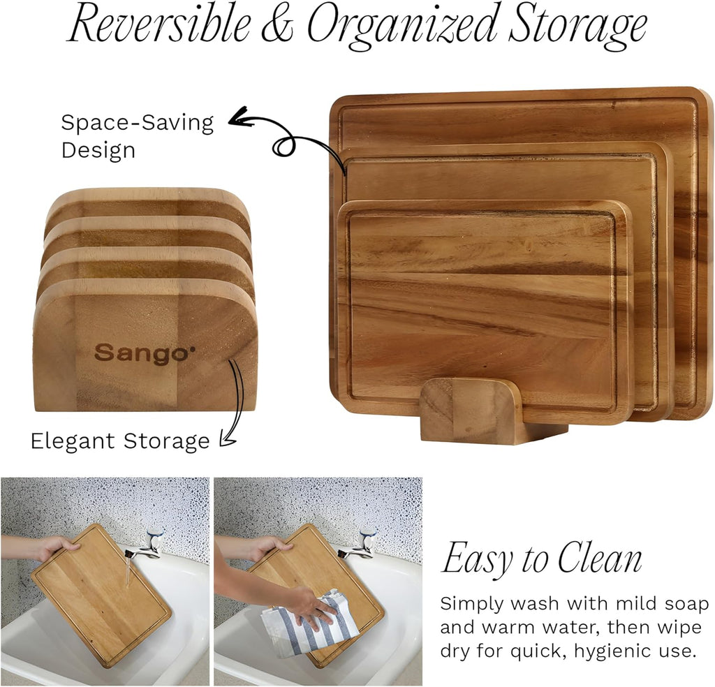 Sango Acacia Cutting Board Set - 3-Piece Wood Chopping Boards with Juice Grooves & Stand | Non-Toxic, Stackable & Reversible
