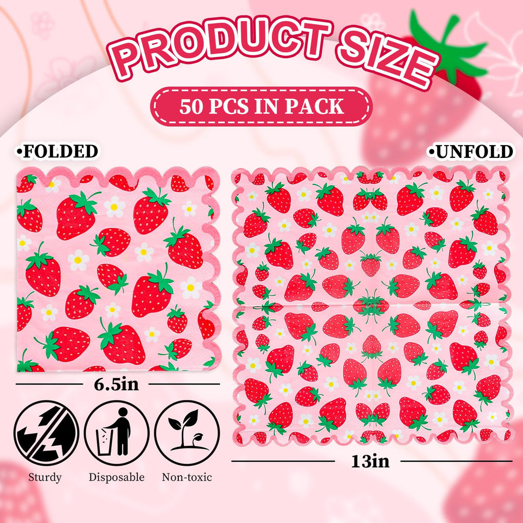 Whaline 50 Pcs Strawberry Scalloped Paper Napkins Pink Red Strawberry Flower Disposable Napkins Summer Fruit Luncheon Dinner Napkin for Birthday Party Table Supplies